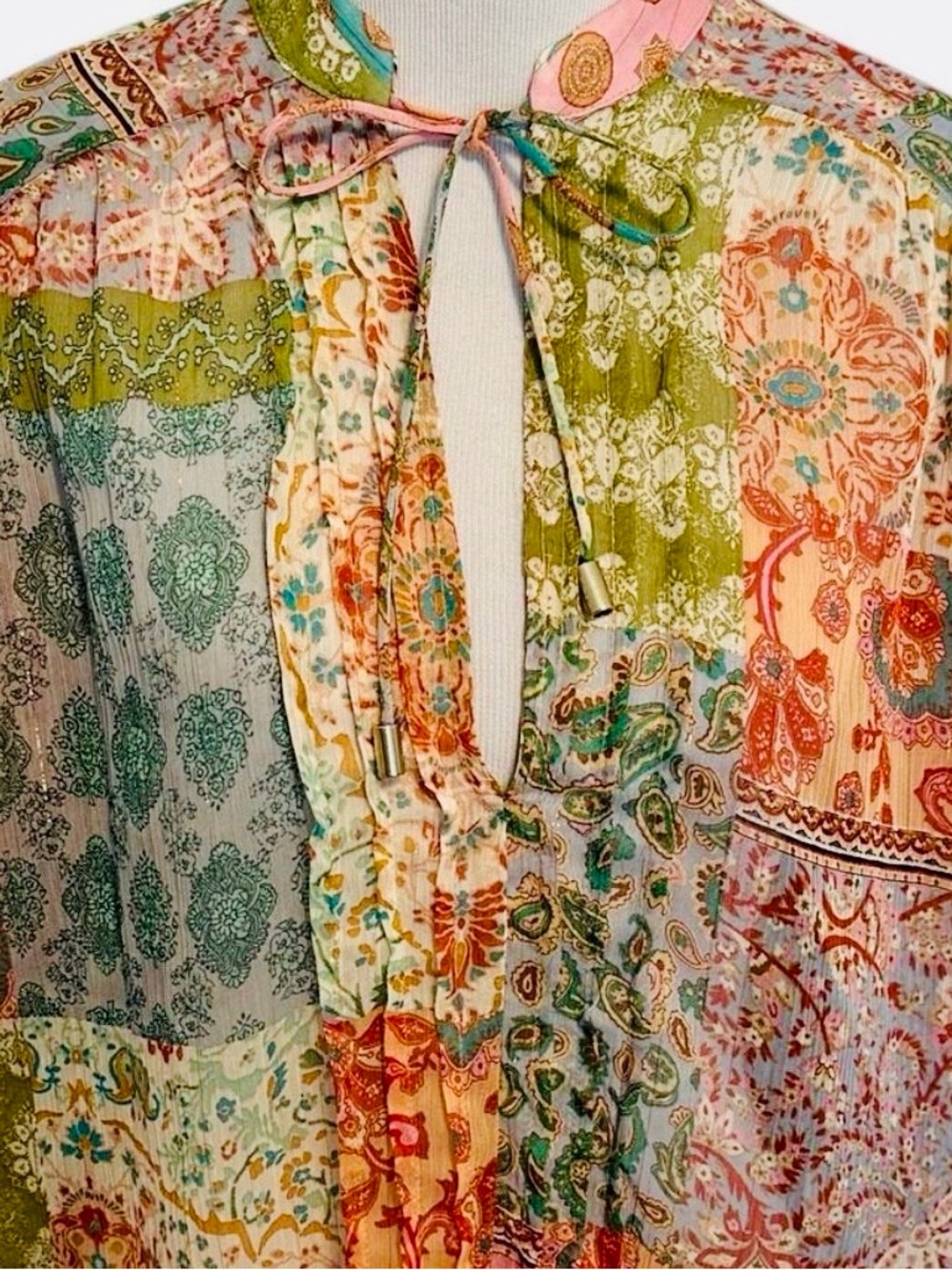 ZARA Sheer Patchwork Women’s Multicolor Shimmer Boho Blouse Sz L - Picture 11 of 11